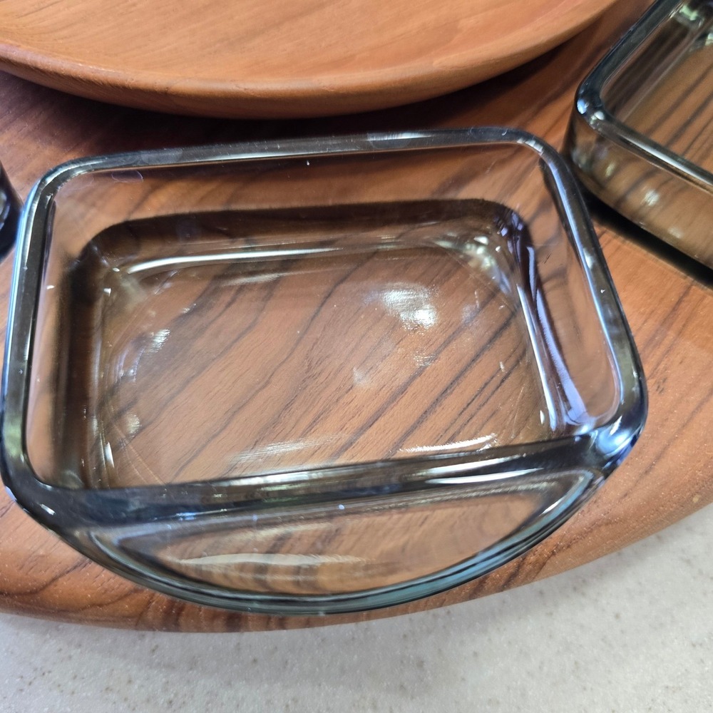 Digsmed Denmark Teak Lazy Susan 8 Smoked Glass Dishes Mid Century Modern - Picture 2 of 13